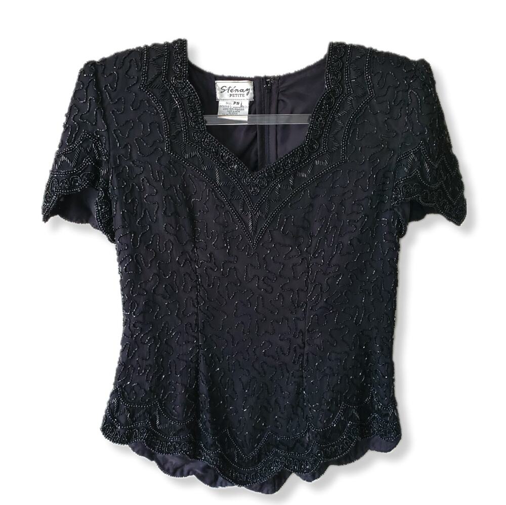 Women 80s Black Beaded Silk Top Blouse PS Cocktail Holiday Wedding Guest NYE